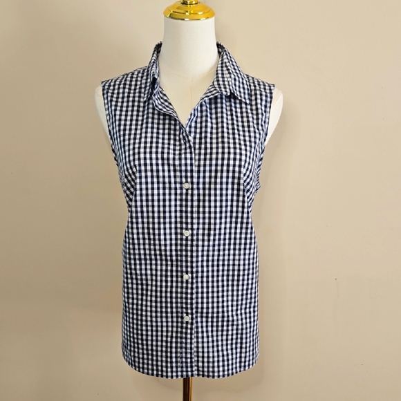 J. Crew Sleeveless Gingham Collar Shirt Classic Preppy Summer Chic L - Picture 1 of 4